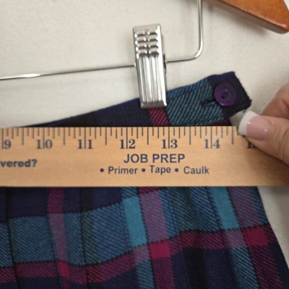 VTG Tan Jay Wool Blend Pleated Plaid Skirt Sz 14* Blue Teal Pink Preppy Academia - Picture 10 of 12